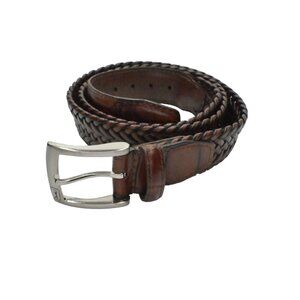 Vtg PGA TOUR Belt Mens Sz 38 Brown Braided Top Grain Leather Silver‎ Logo Buckle